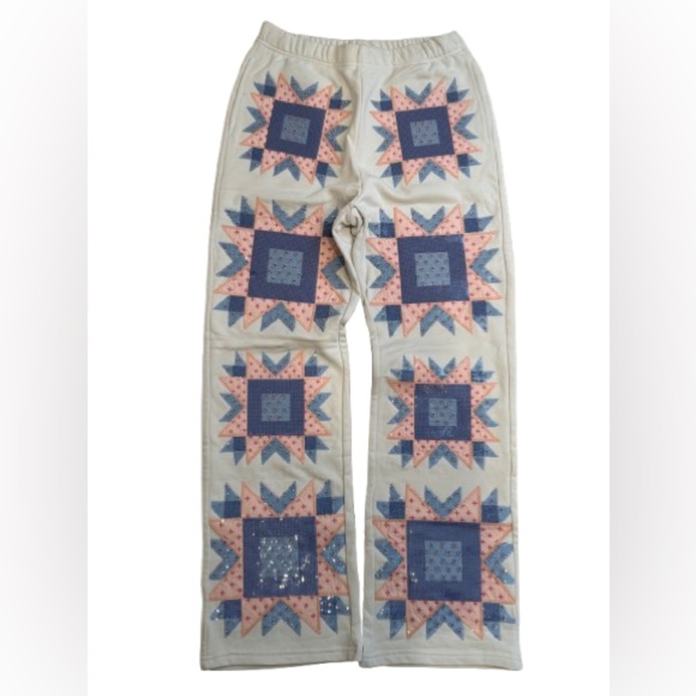 New! QUEEN OF SPARKLES Ivory, Pink and Blue Sequin Patchwork Pants